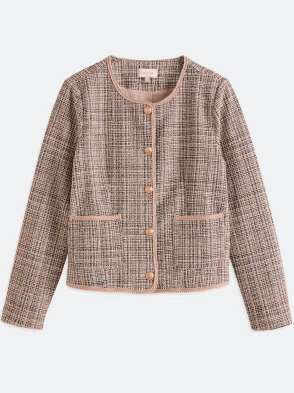 Skies Are Blue Heija Lady Jacket in Taupe l Tweed Round-Neck Button Jacket